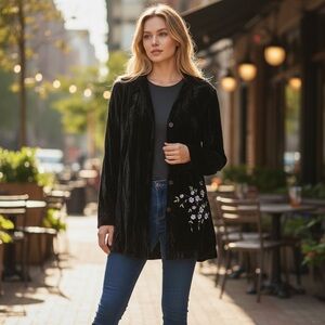 Vintage Johnny Was black velvet button-down top with white floral embroidery